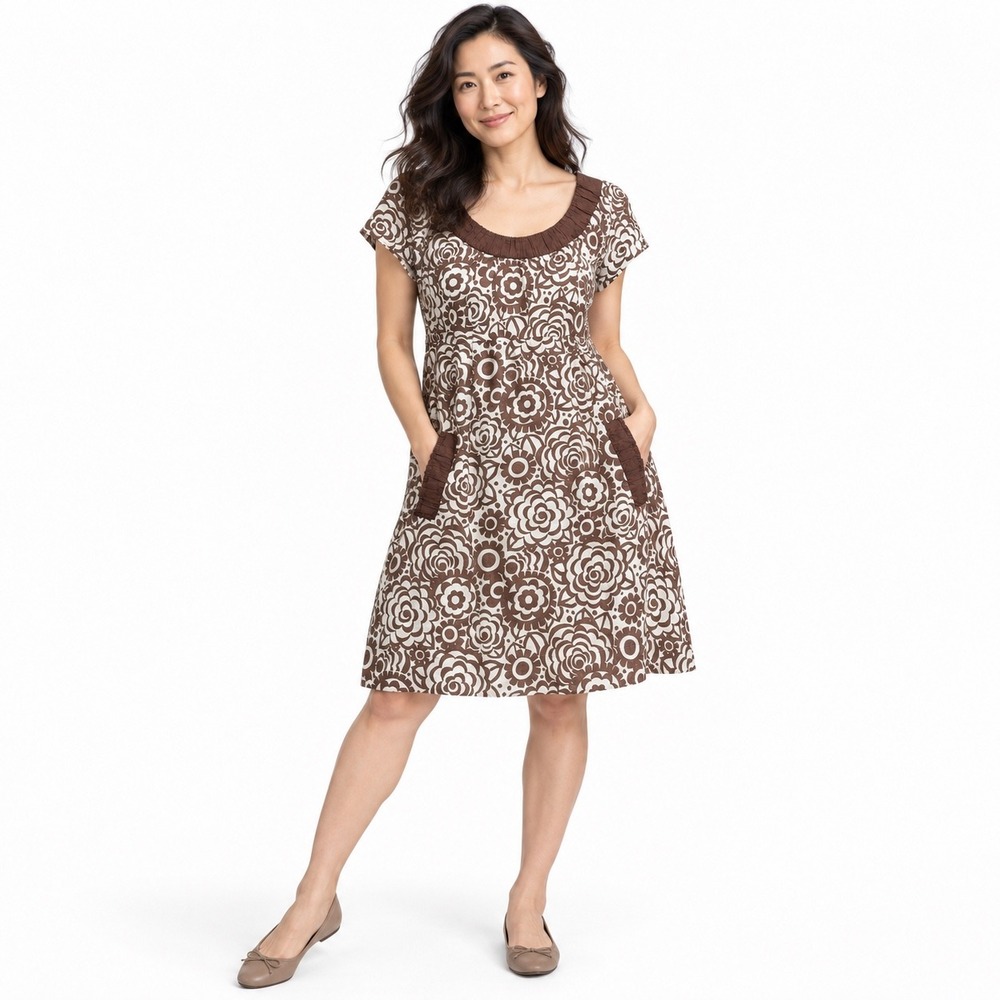 Boden A-Line Dress Linen Brown Floral Boho Retro Cottagecore Preppy Womens 8